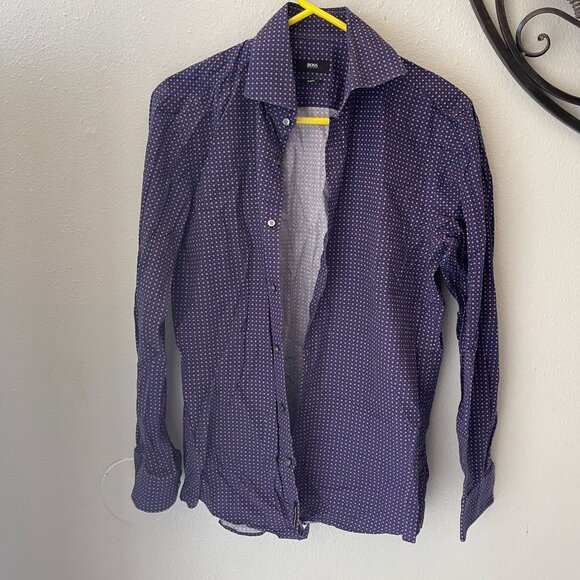 Hugo Boss Mens Slim Fit Purple Patterned Cotton Button-Up Shirt Size 41/16 - Picture 14 of 14